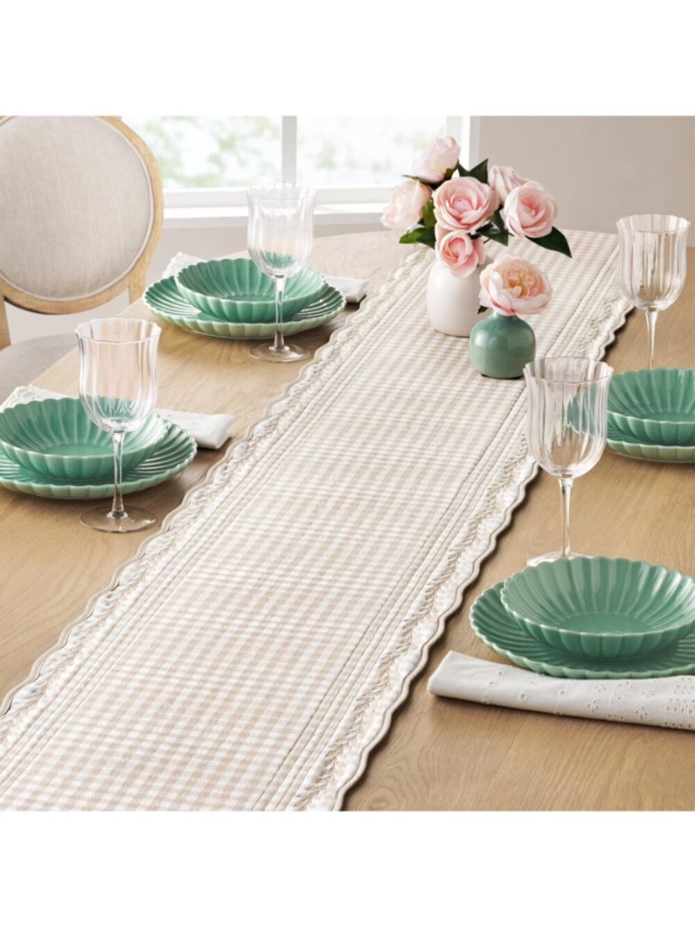 The Pioneer Woman Beige Farmhouse Decor Quilted Mini Gingham Woven Table Runner